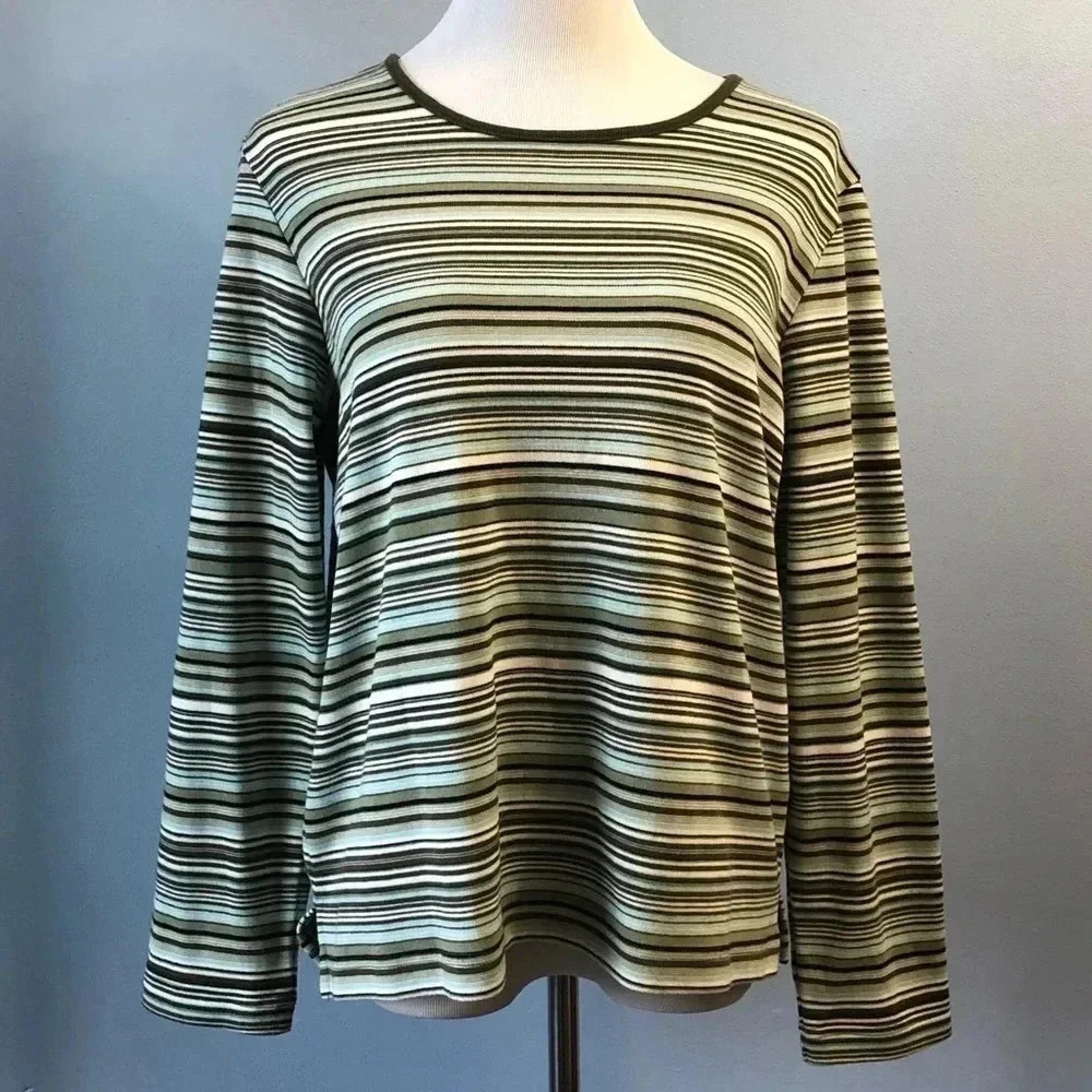Architect Striped Top Women Large Green Long Sleeve Crew Neck Casual Shirt